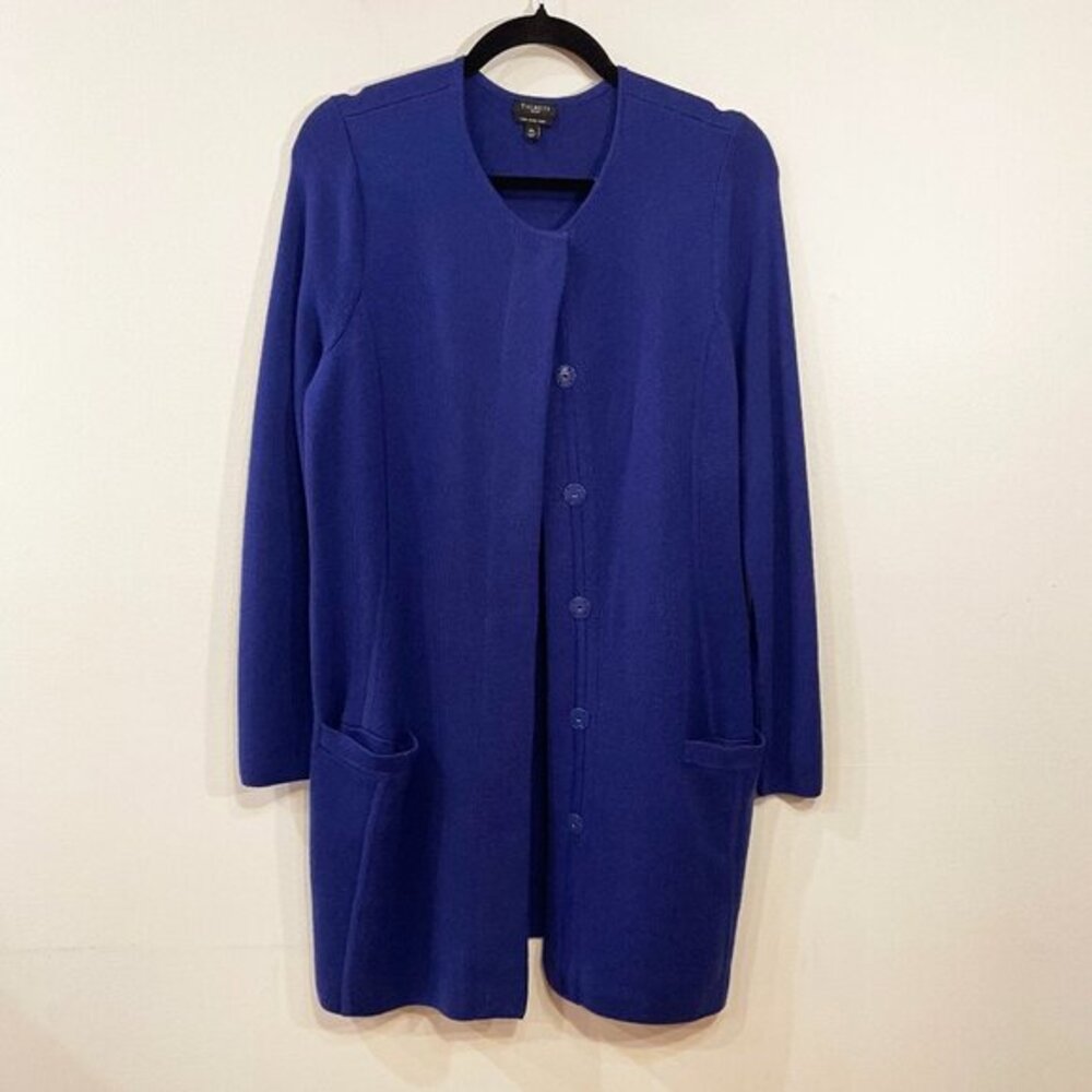 EUC Talbots 100% Merino Wool Snap-Front Longline Coatigan Violet Blue MP